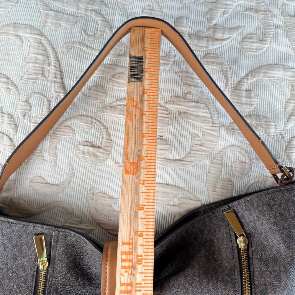Michael Kors Addie Large Hobo Bag Brown Signature Logo Leather Trim Gold